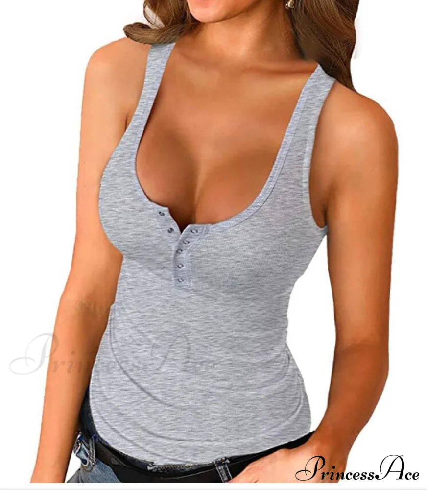 Ribbed Knitting Button U-Neck Sleeveless Tank Top Gray / S