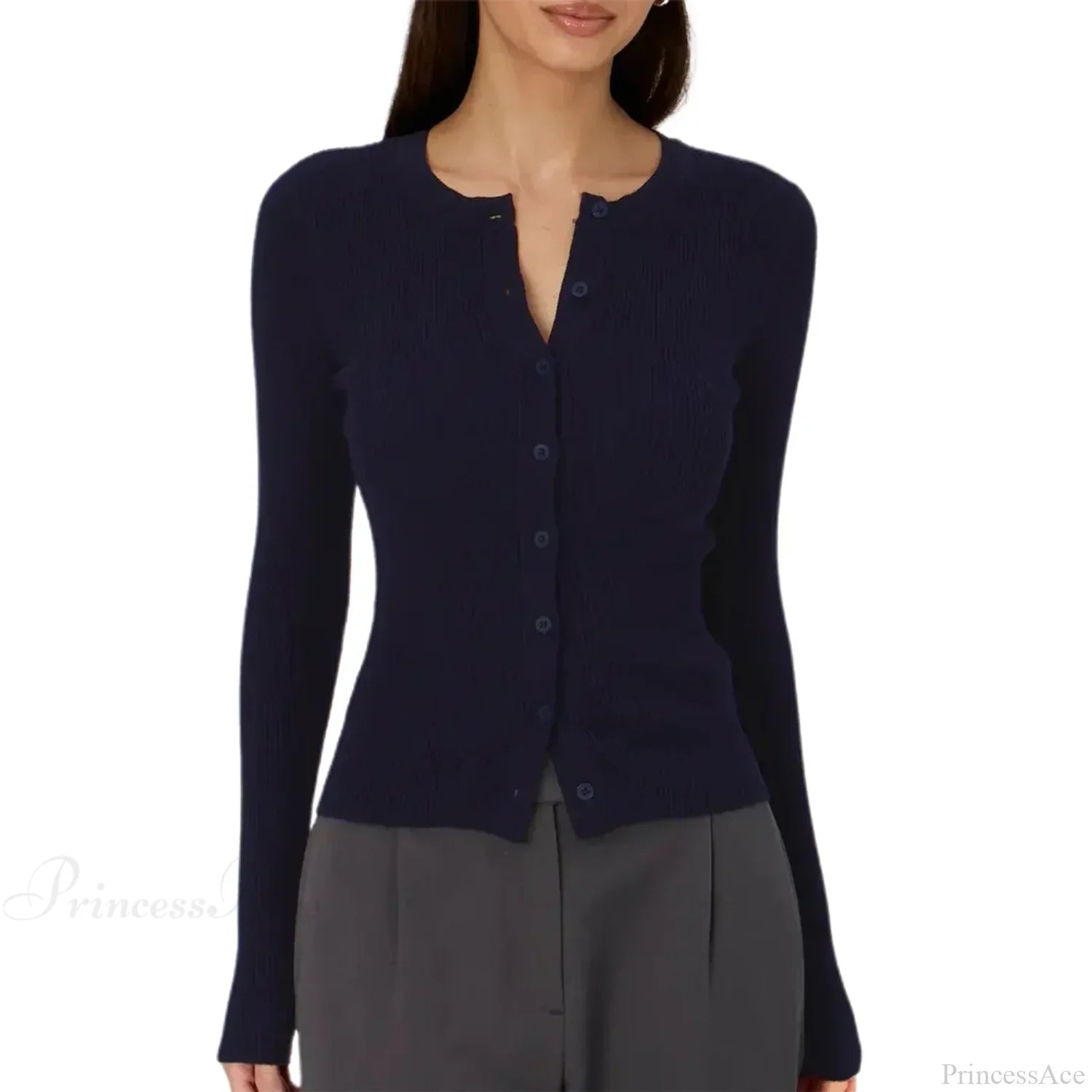 Ribbed Slim Button-Up Long Sleeve Cardigan Navy Blue / S