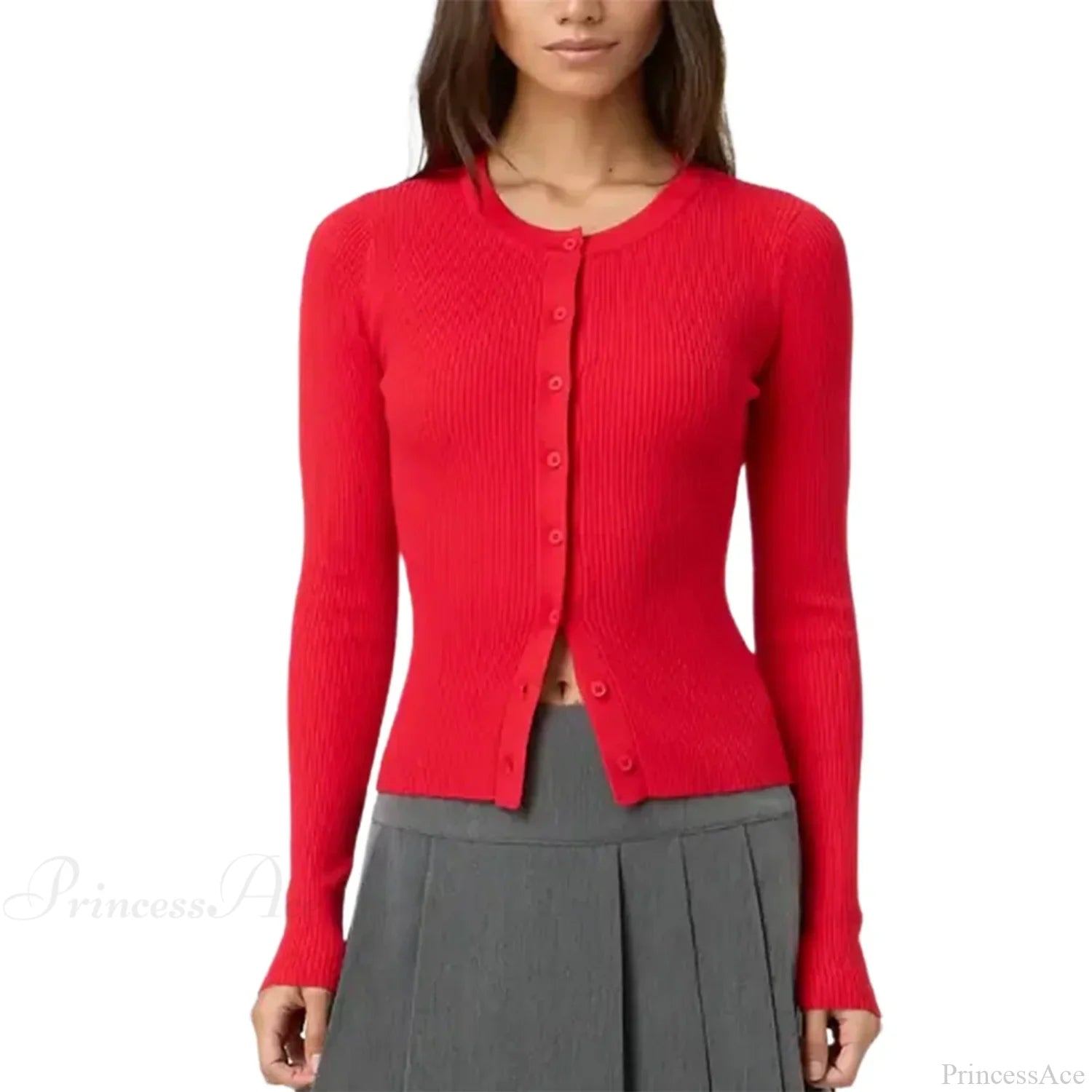 Ribbed Slim Button-Up Long Sleeve Cardigan Red / S