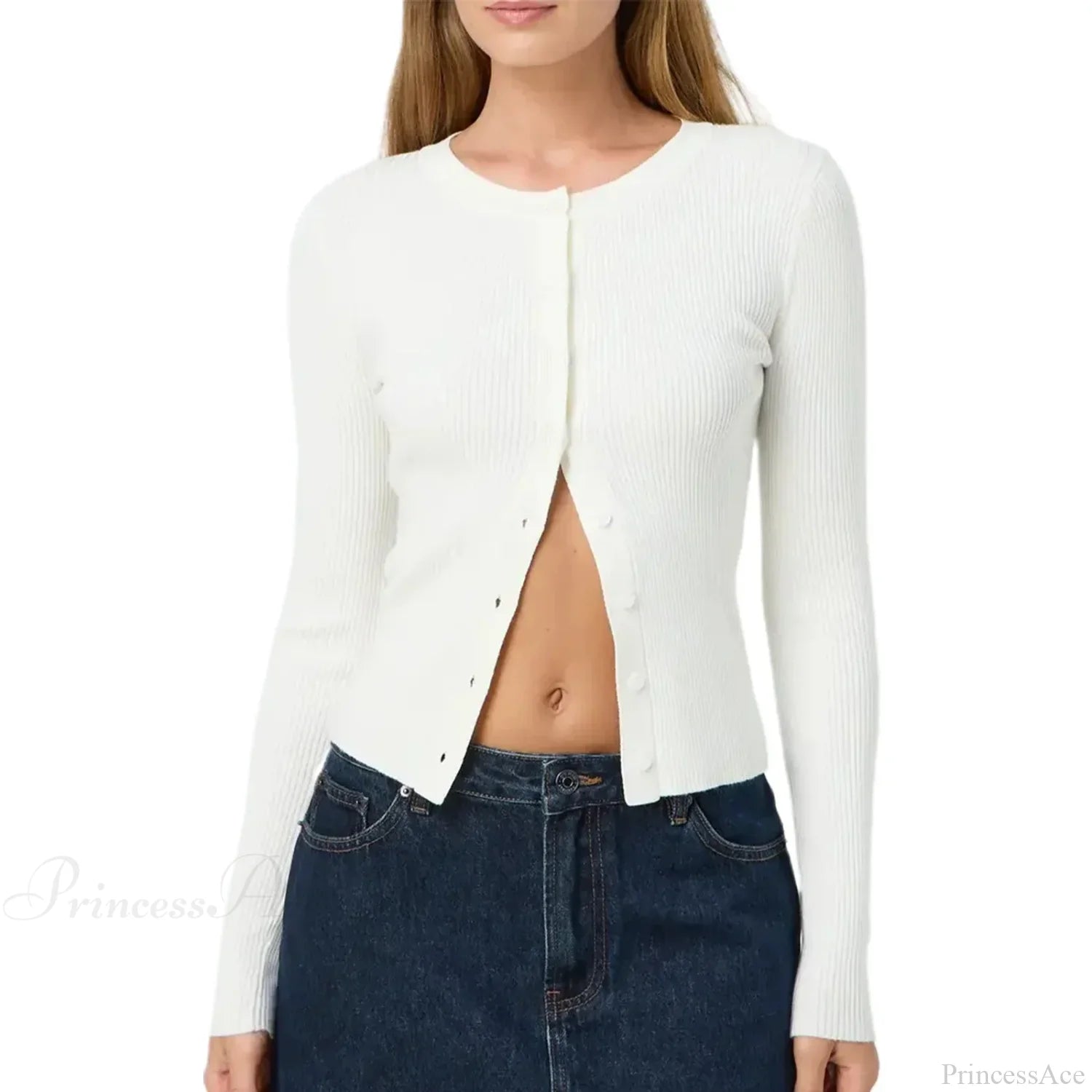 Ribbed Slim Button-Up Long Sleeve Cardigan WHITE / S