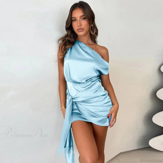 Ribbon Pleated Slim Bodycon Vacation Dress Light Blue / S vacationdress-250223