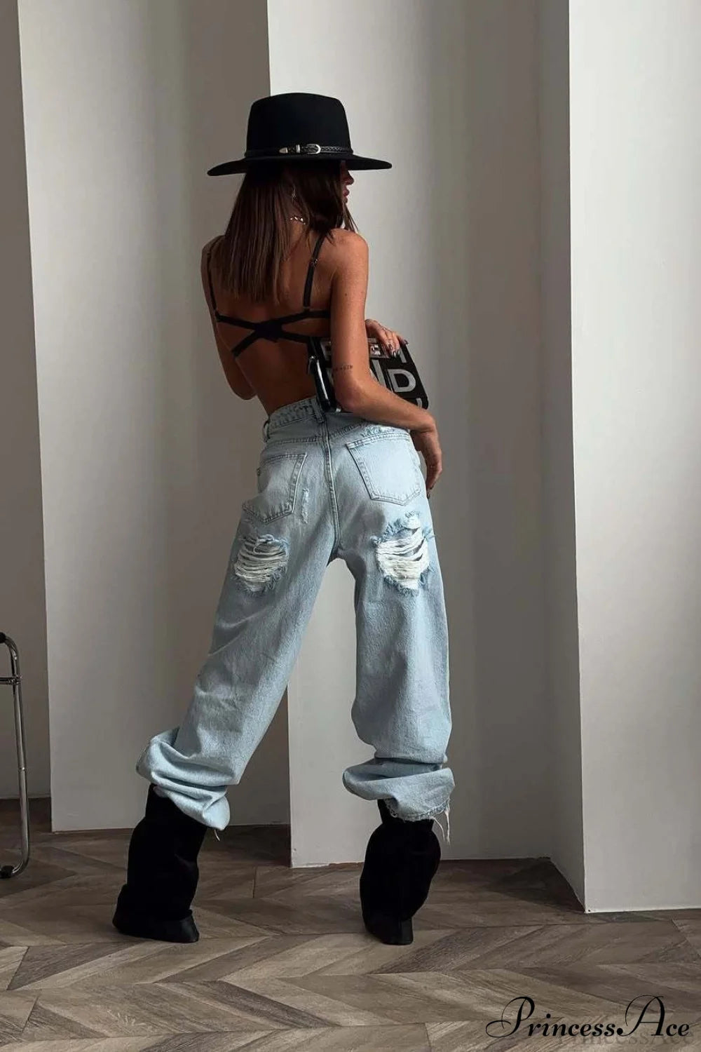 Ripped Vintage Straight Wide-Leg Ankle-Length Jeans