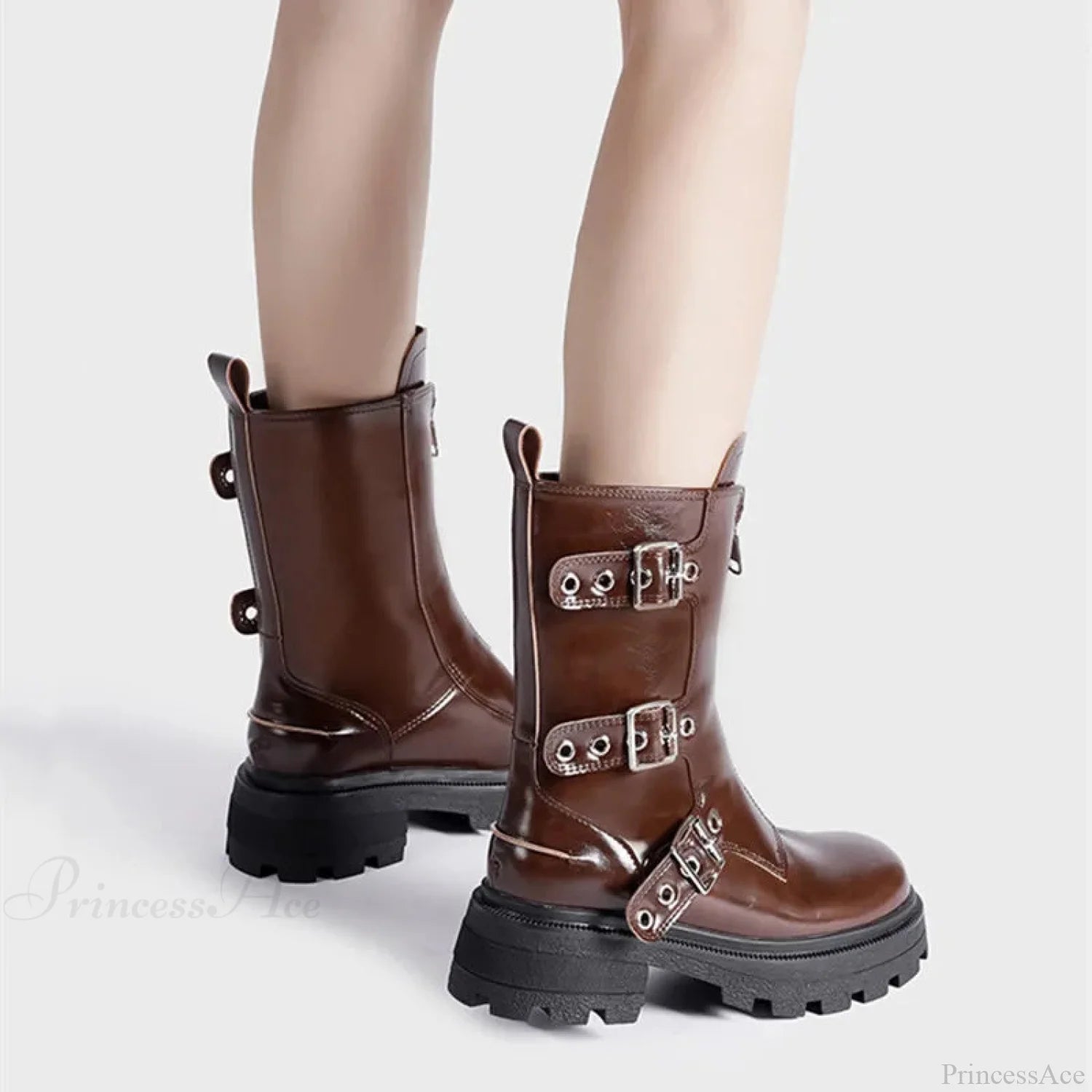Rivet Strap Clunky Heeled Dark Motorcycle Boot