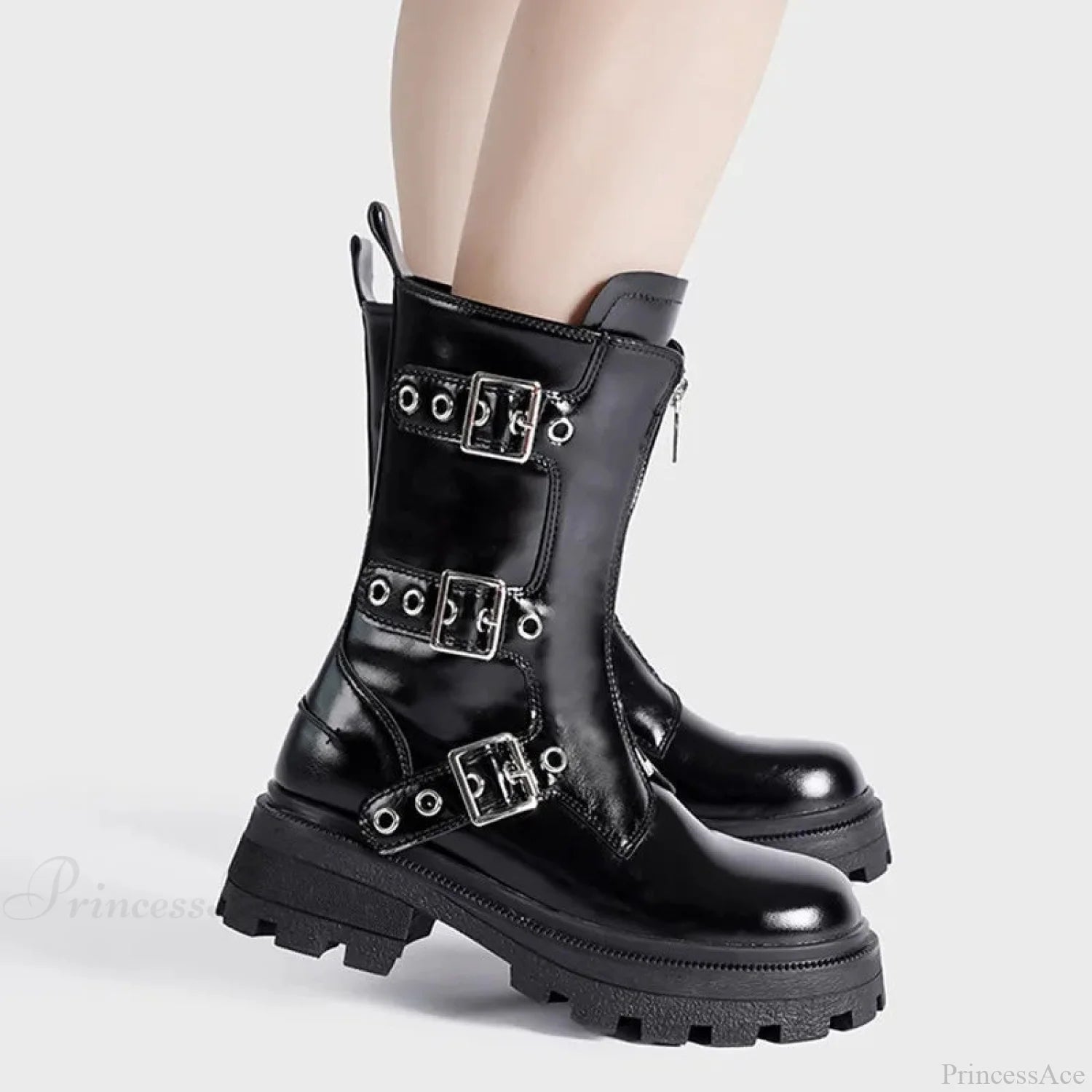 Rivet Strap Clunky Heeled Dark Motorcycle Boot Black / 35