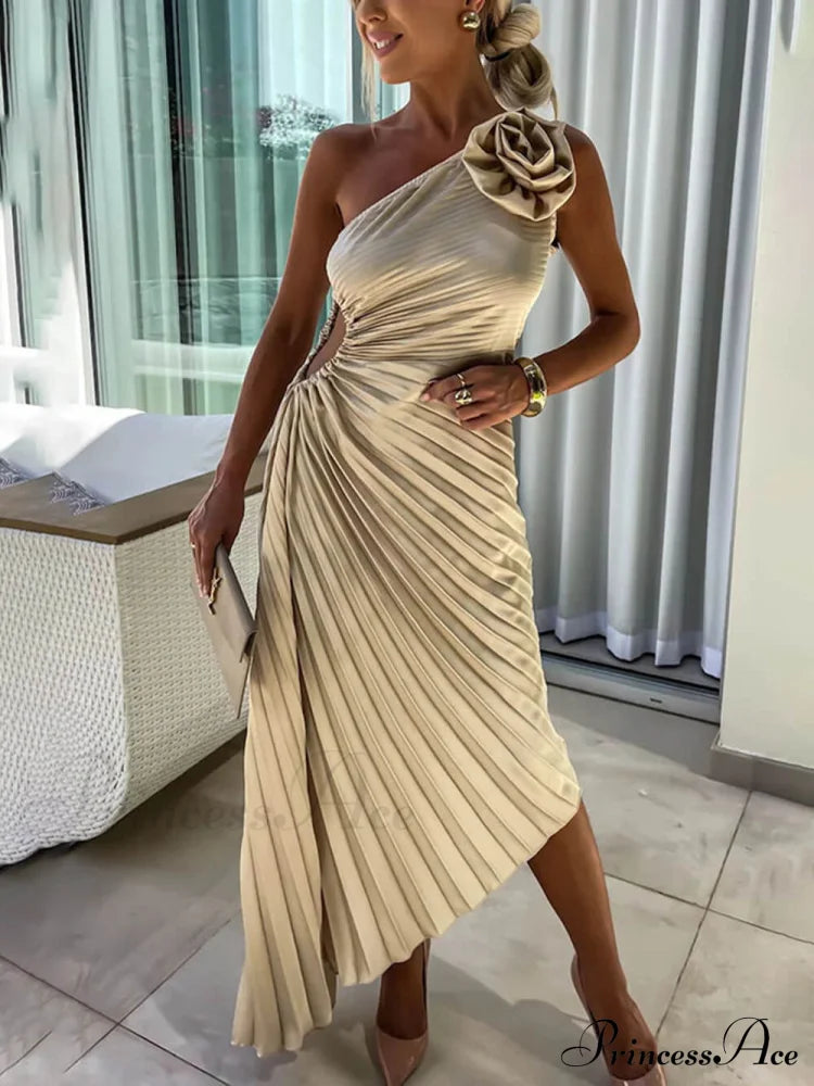 Romantic Night Guilloche Stretch Hollow Trendy One Shoulder Pleated Maxi Dress Beige / S Dresses