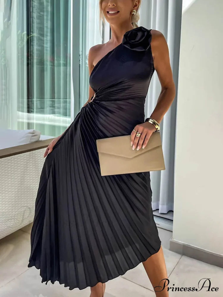 Romantic Night Guilloche Stretch Hollow Trendy One Shoulder Pleated Maxi Dress Dresses