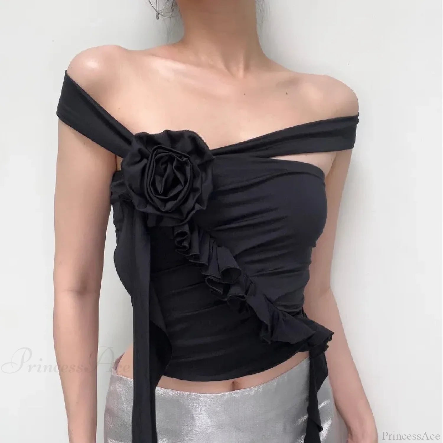 Rose Bandage Off Shoulder Halter Backless Bare Midriff Tube Crop Top Black / S croptop-250126