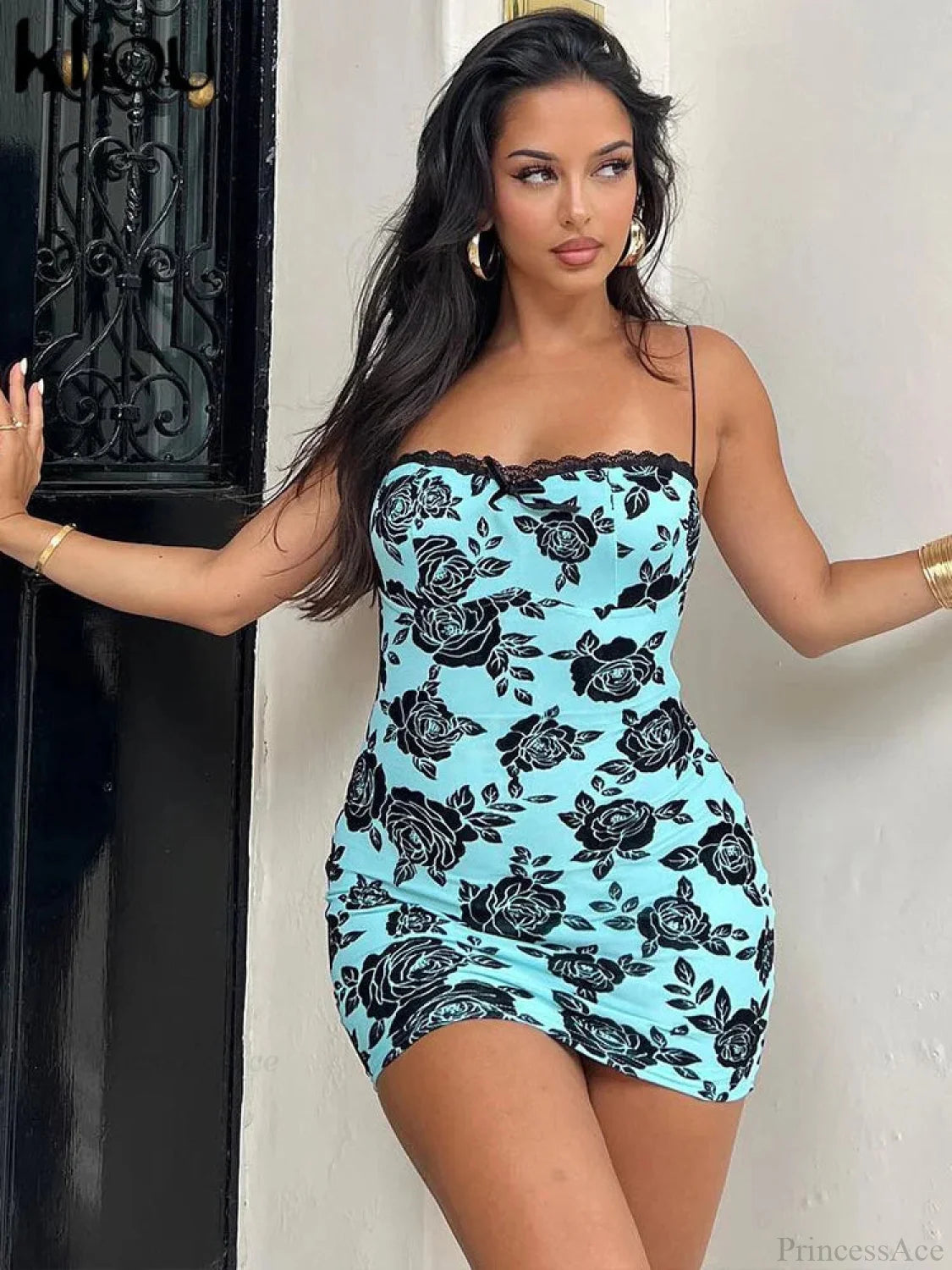 Rose Print Lace Patchwork Backless Bodycon Dress floraldress-250126