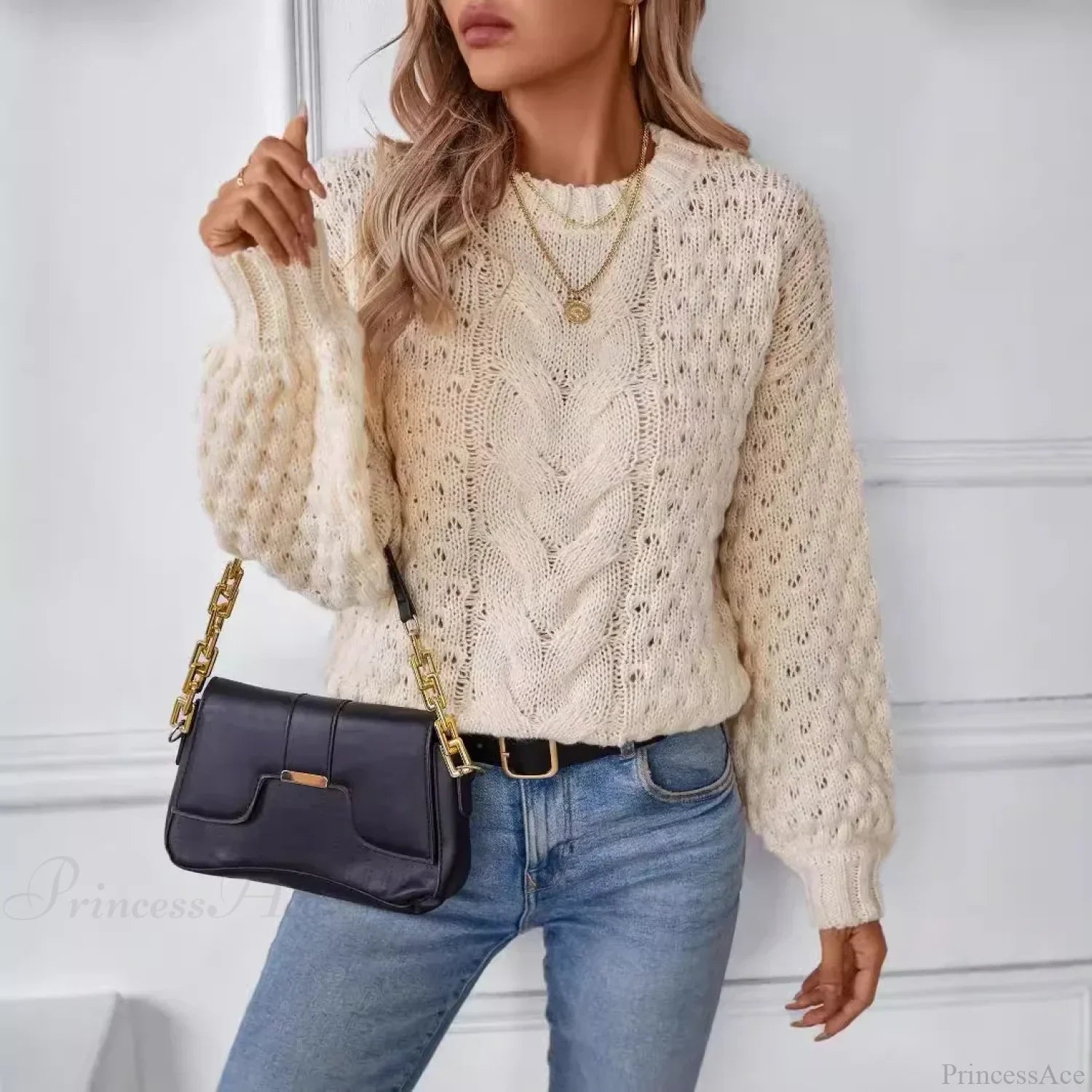 Round Neck Hollow Out Sweater apricot / S