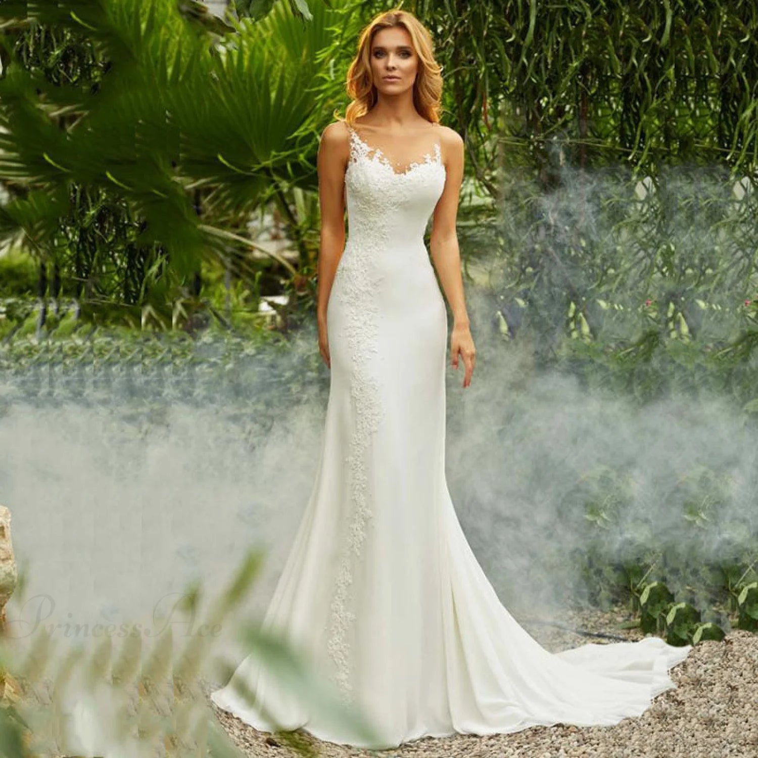Round Neck Lace Mermaid Bridal Wedding Dress White / 2 weddingdress-250223