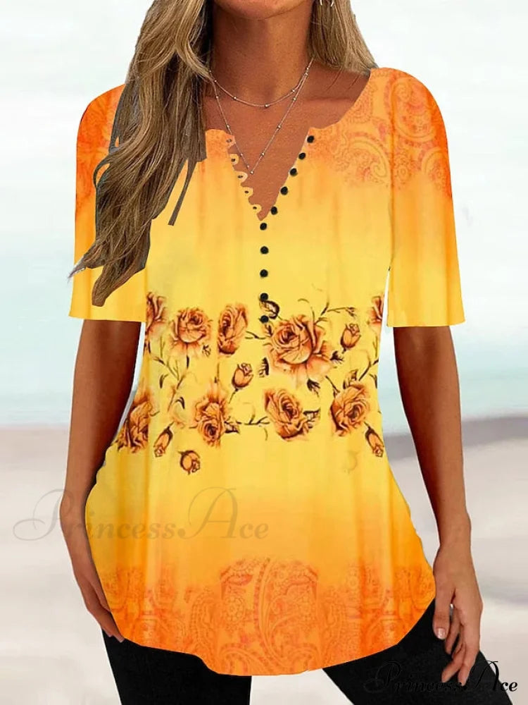 Round Yellow Button Brief Tee Arm Women’s Weekend Shirt Basic Neck Festive Regular Design Tunic