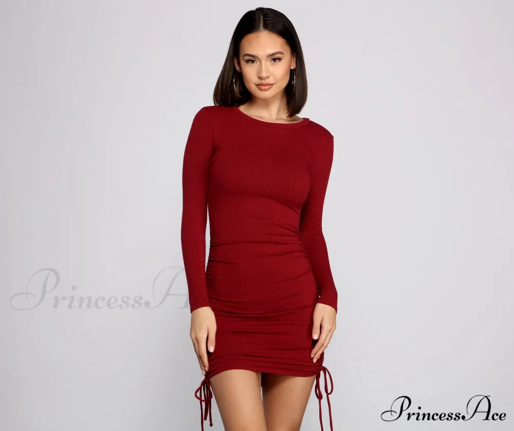 Ruched And Ribbed Knit Crew Neck Mini Dress - Lady Occasions
