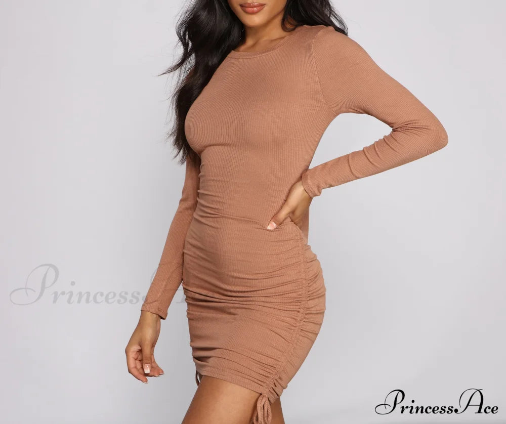 Ruched And Ribbed Knit Graceful Crew Neck Mini Dress Casual Dresses