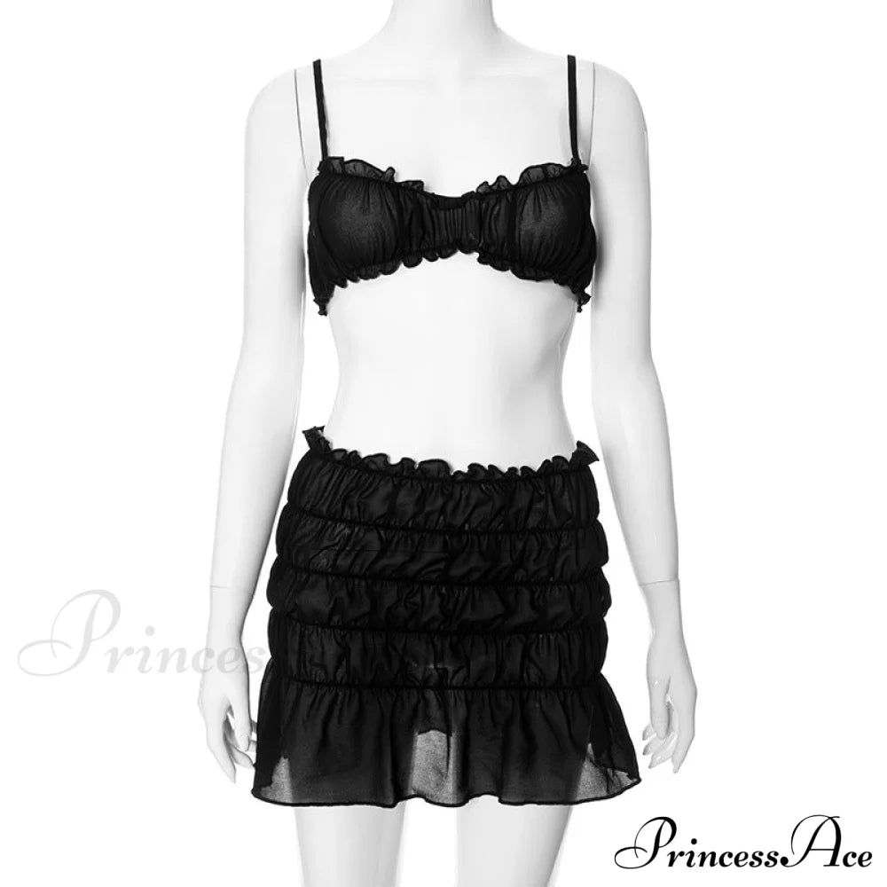 Ruched Bralette And Low Graceful Waist Mini Skirt Set