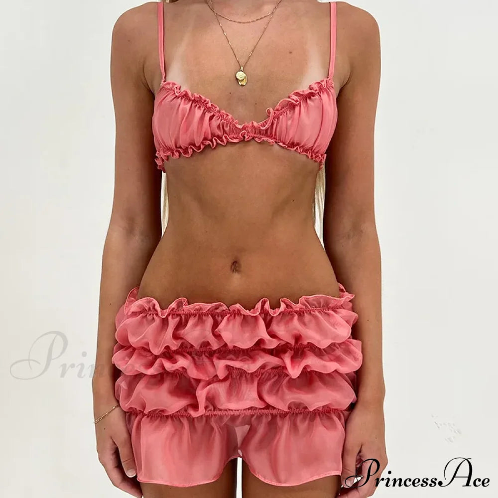 Ruched Bralette And Low Graceful Waist Mini Skirt Set