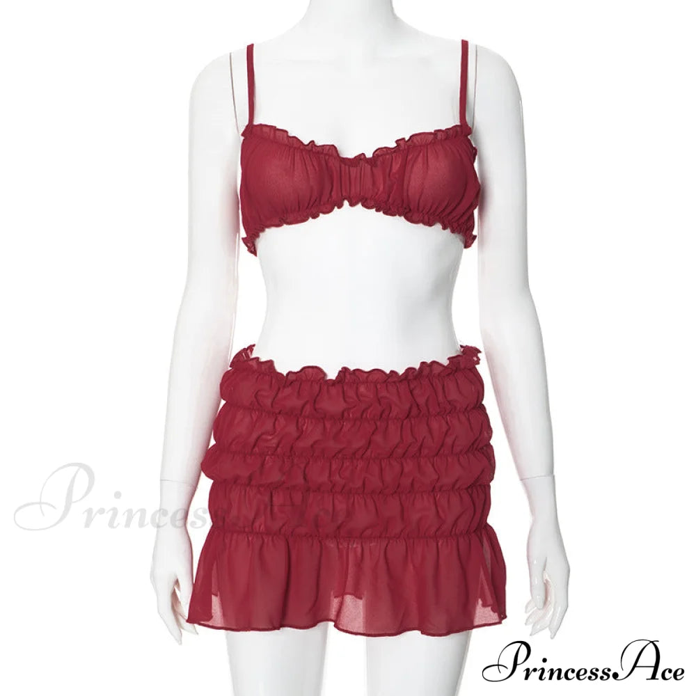Ruched Bralette And Low Graceful Waist Mini Skirt Set