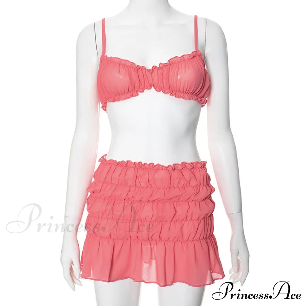 Ruched Bralette And Low Graceful Waist Mini Skirt Set