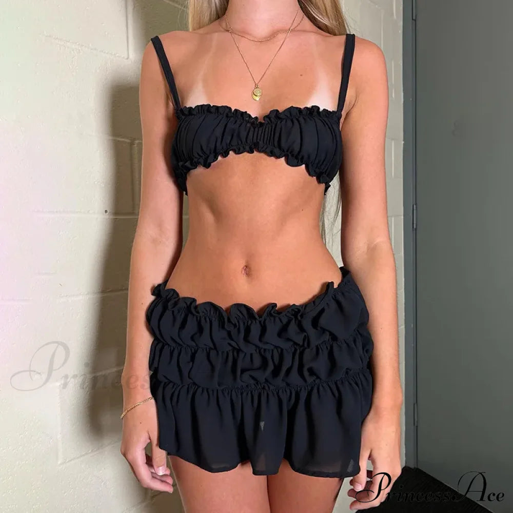 Ruched Bralette And Low Graceful Waist Mini Skirt Set
