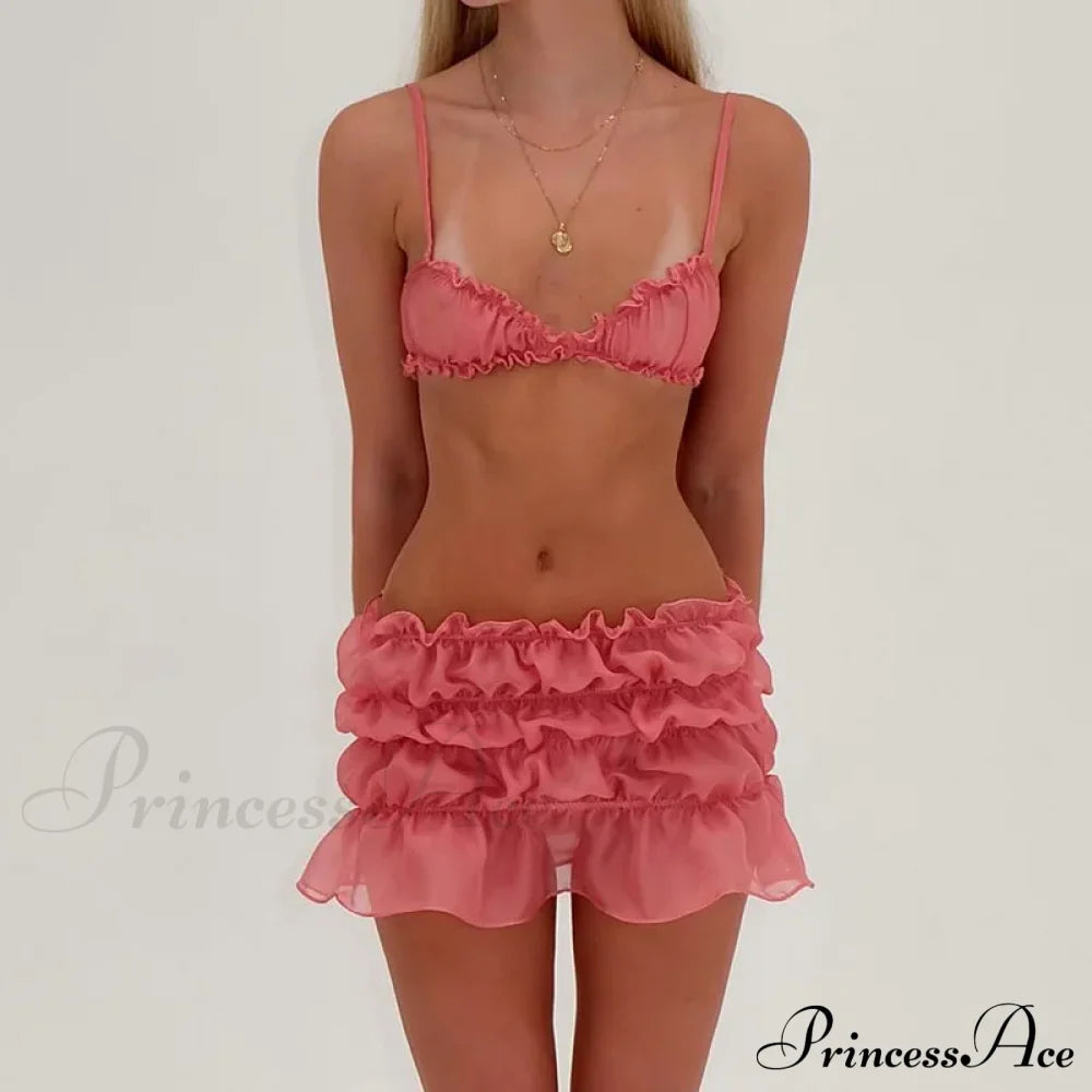 Ruched Bralette And Low Graceful Waist Mini Skirt Set