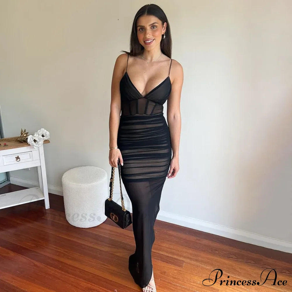 Ruched Mesh Sleeveless Slit Sexy Maxi Dress Black / S