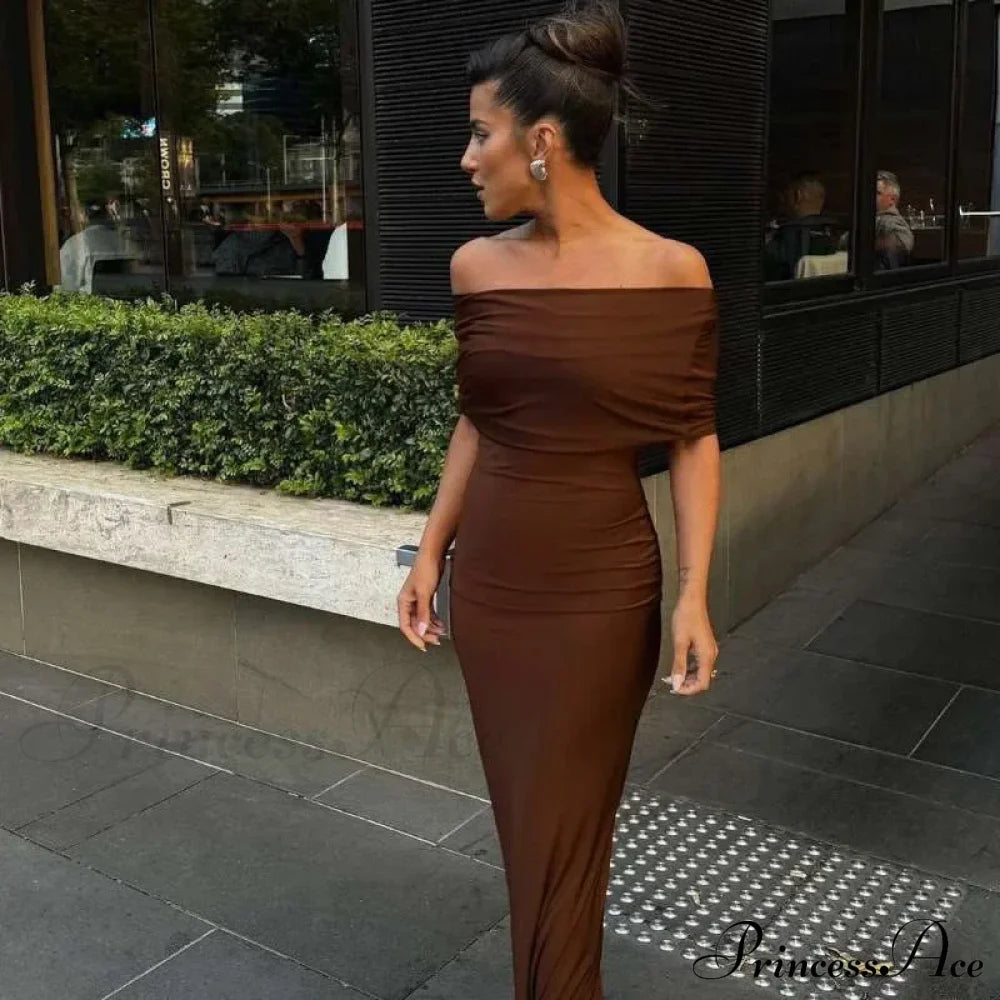 Ruched Off Shoulder Back Split Sexy Backless Maxi Dress Brown / S