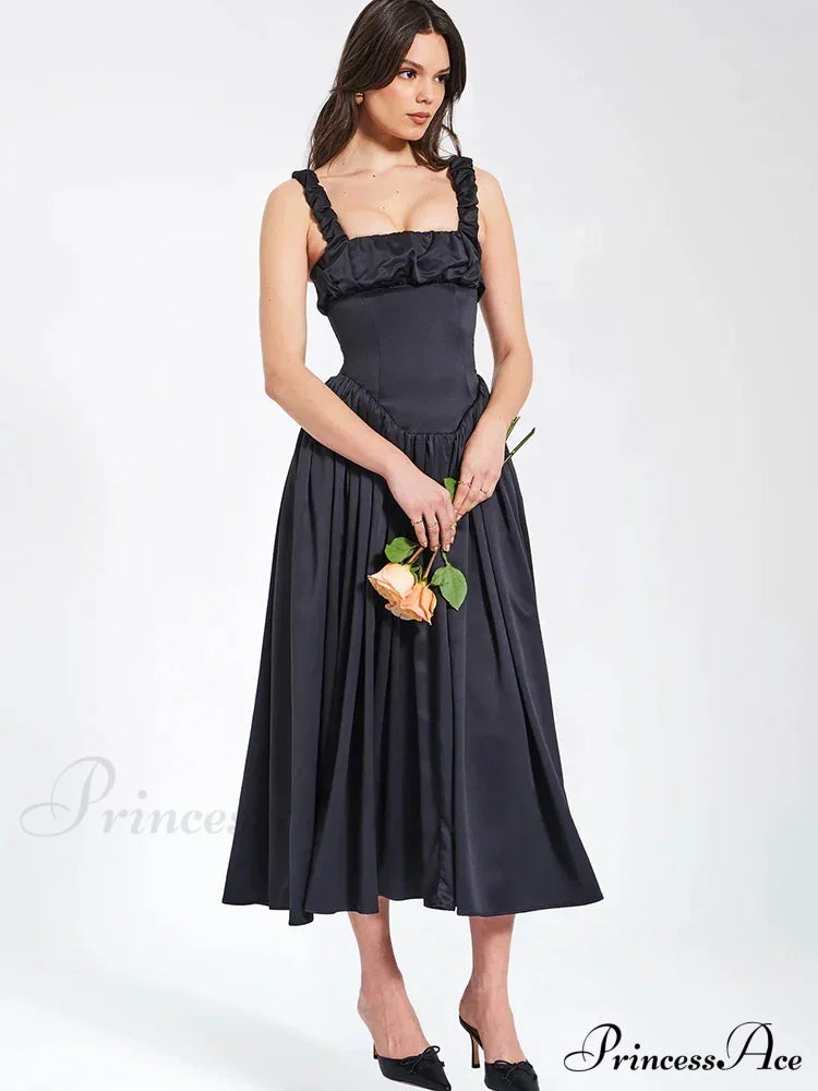 Ruched Strap Stylish Frill Maxi Dress