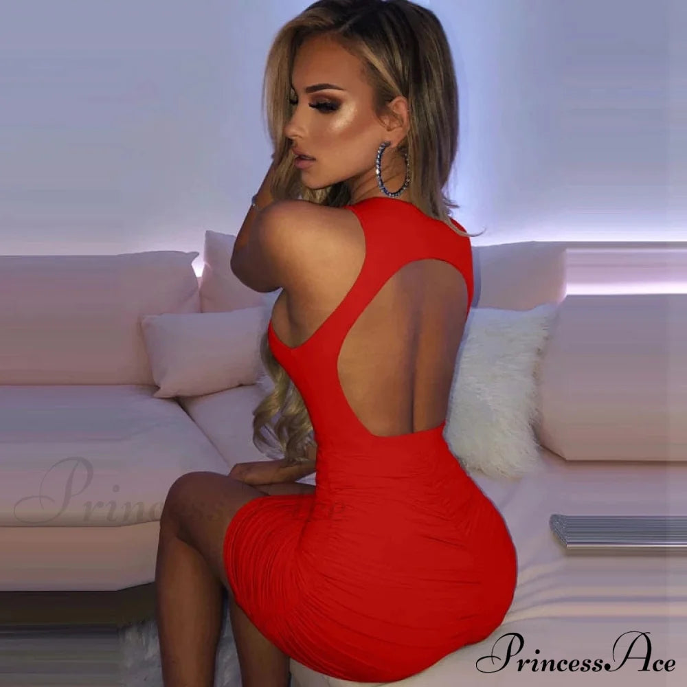 Ruched Tank Sexy Bodycon Backless Lady Black O-Neck Hollow Gown Dresses White Sleeveless Out Party