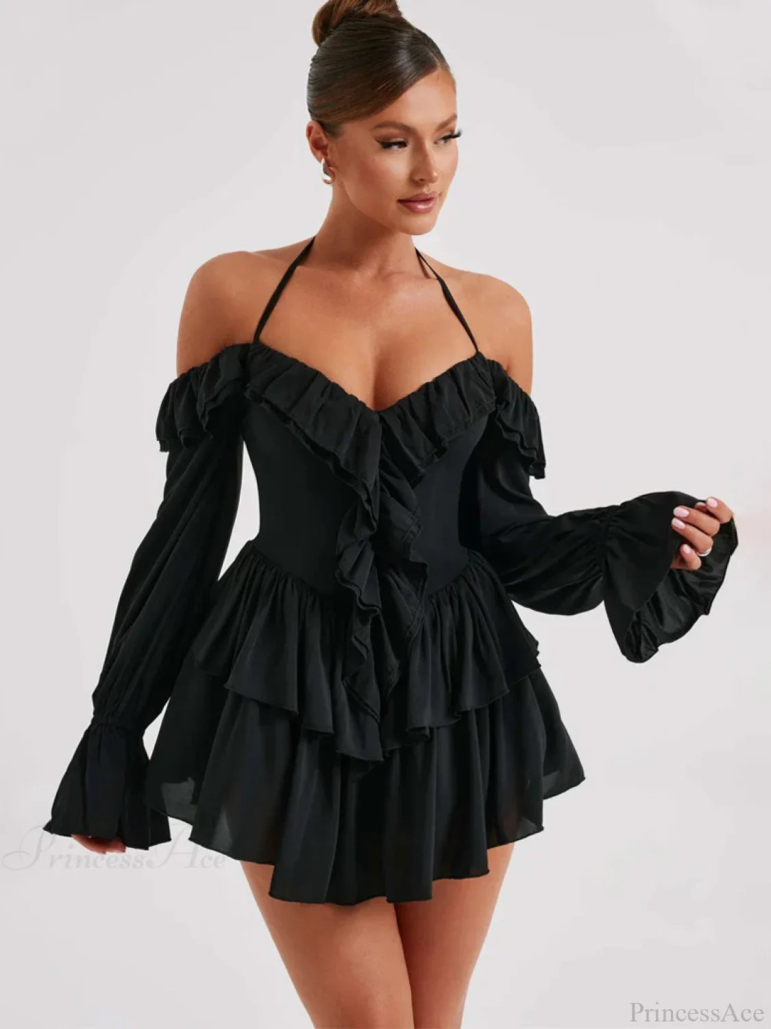 Ruffle Flare Sleeve Mini Dress Black / XS minidress-250223