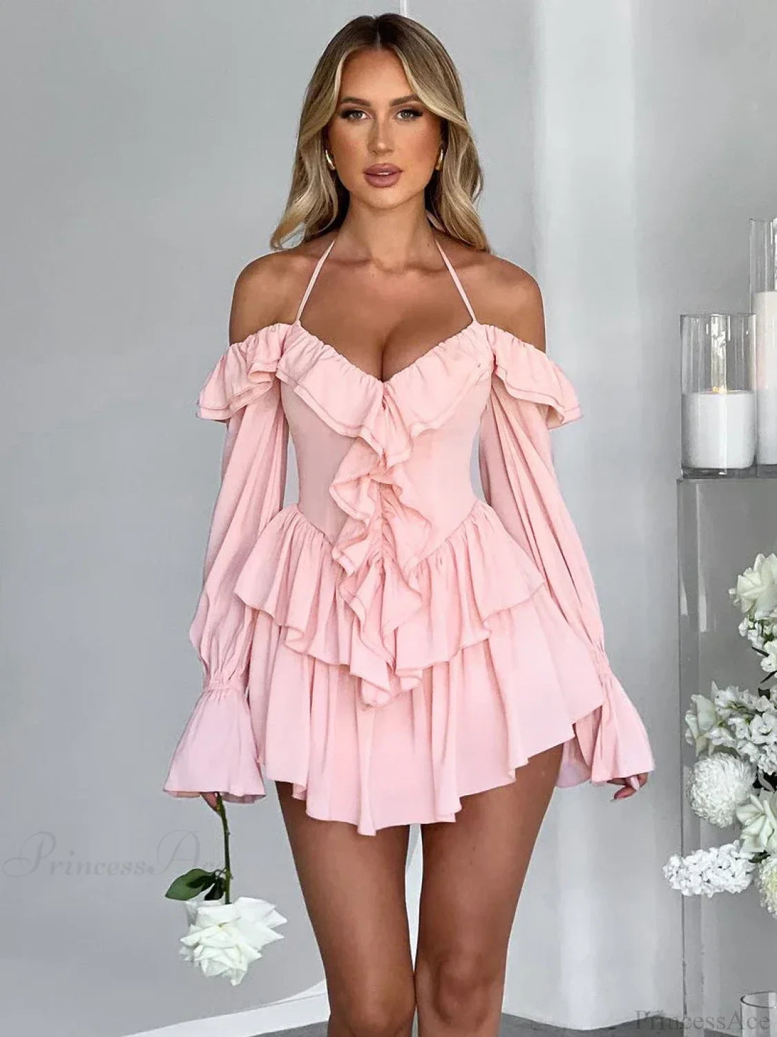 Ruffle Flare Sleeve Mini Dress Pink / XS minidress-250223
