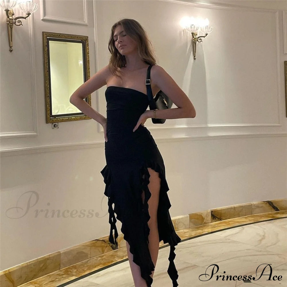 Ruffle Fringe Double Charming Slit Tube Midi Dress