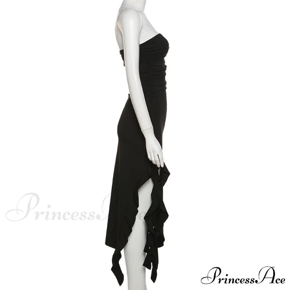 Ruffle Fringe Double Charming Slit Tube Midi Dress
