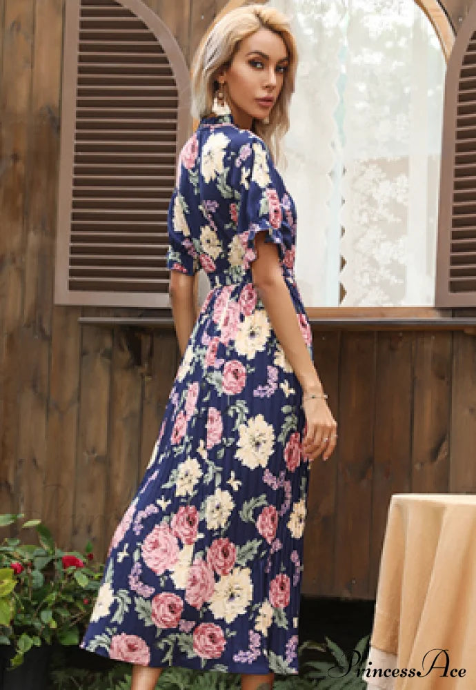 Ruffle Neck Short Sleeve Printed Folds Dress L / Pink Dresses