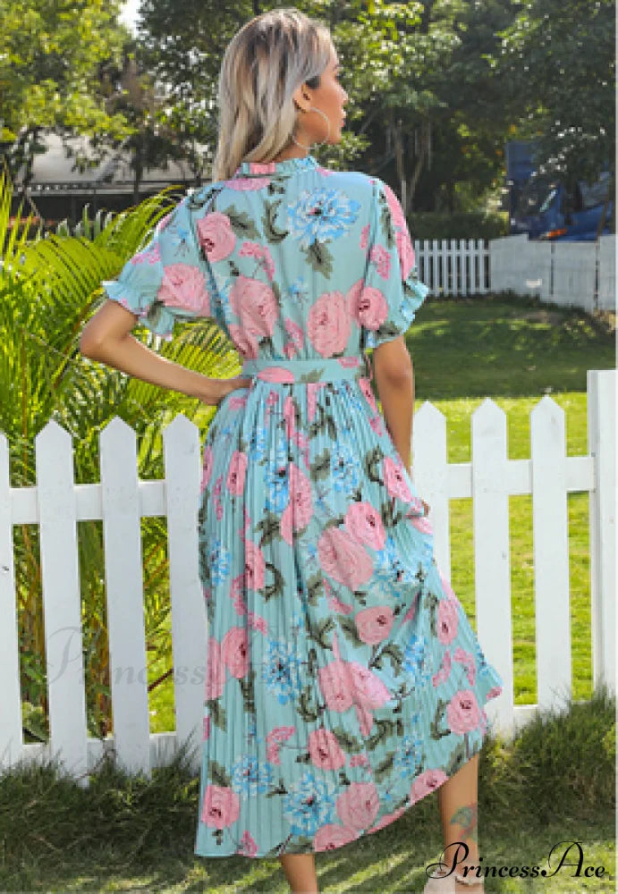 Ruffle Neck Short Sleeve Printed Folds Dress M / Blue Dresses