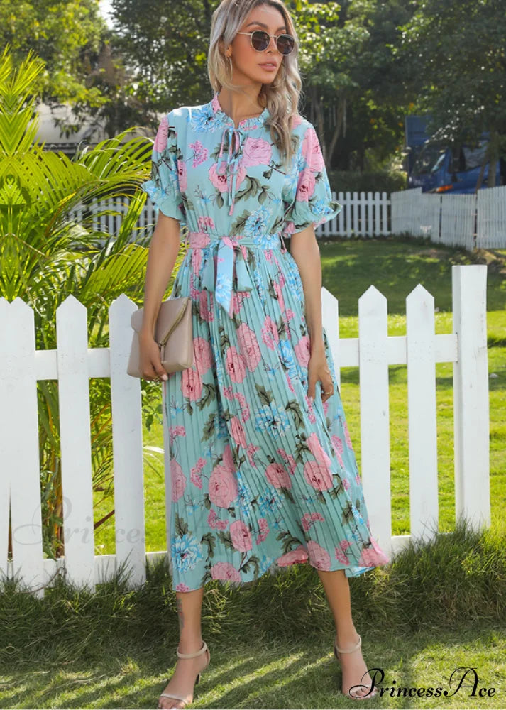 Ruffle Neck Short Sleeve Printed Folds Dress M / Green Dresses