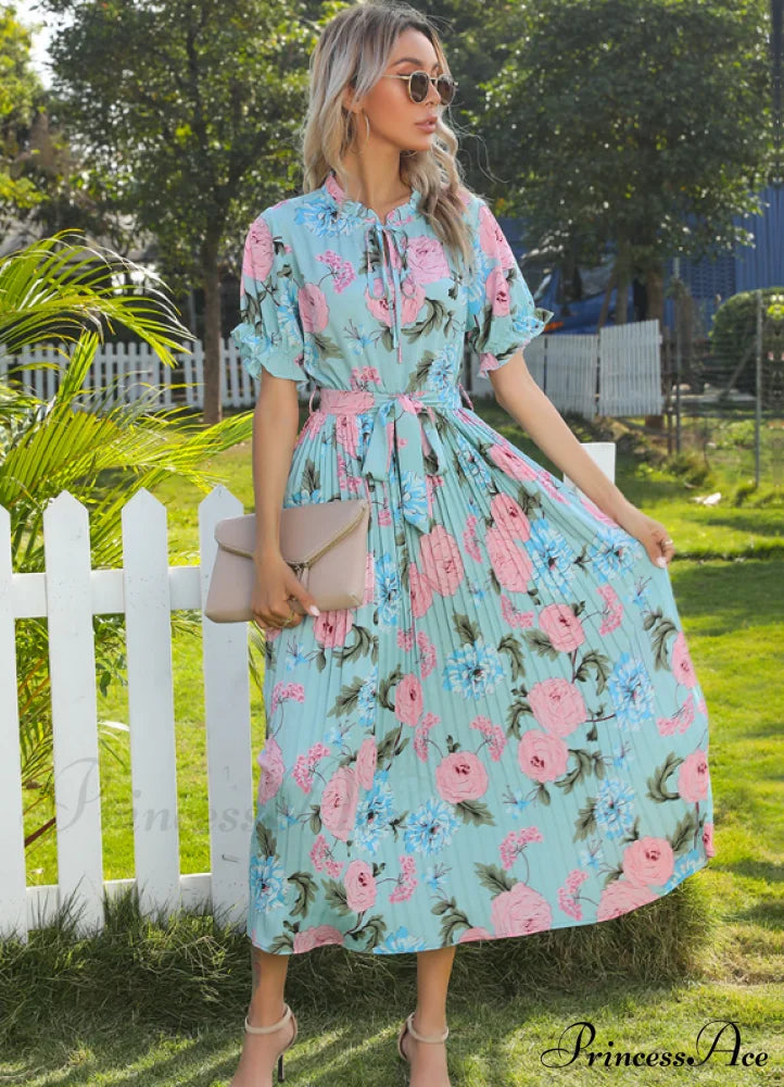 Ruffle Neck Short Sleeve Printed Folds Dress M / Pink Dresses