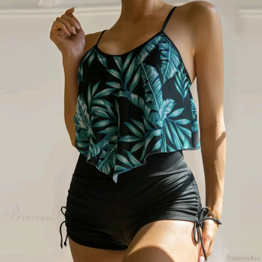 Ruffle Strap Plus Size Two Piece Set green / S