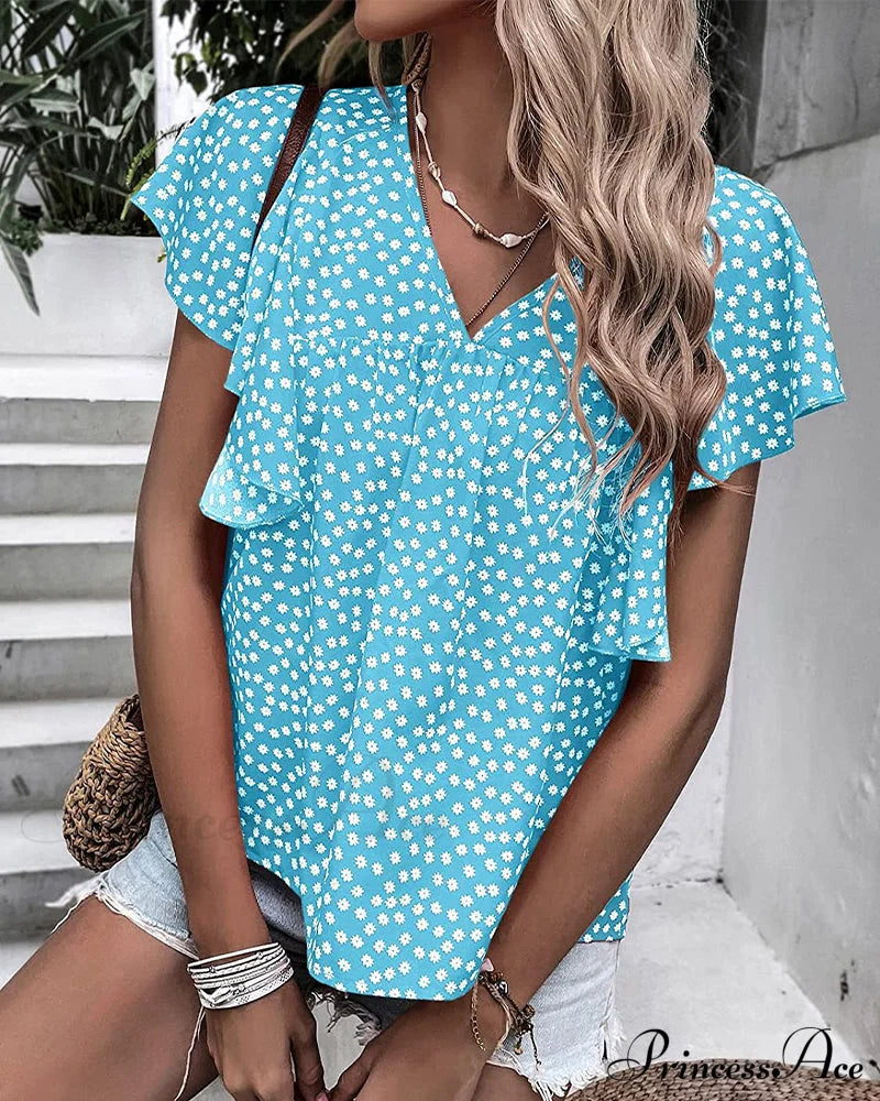 Floral Print T-shirt with Ruffle Sleeves Light blue 23BF clothes Short Sleeve Tops Spring Summer T-shirts Tops/Blouses