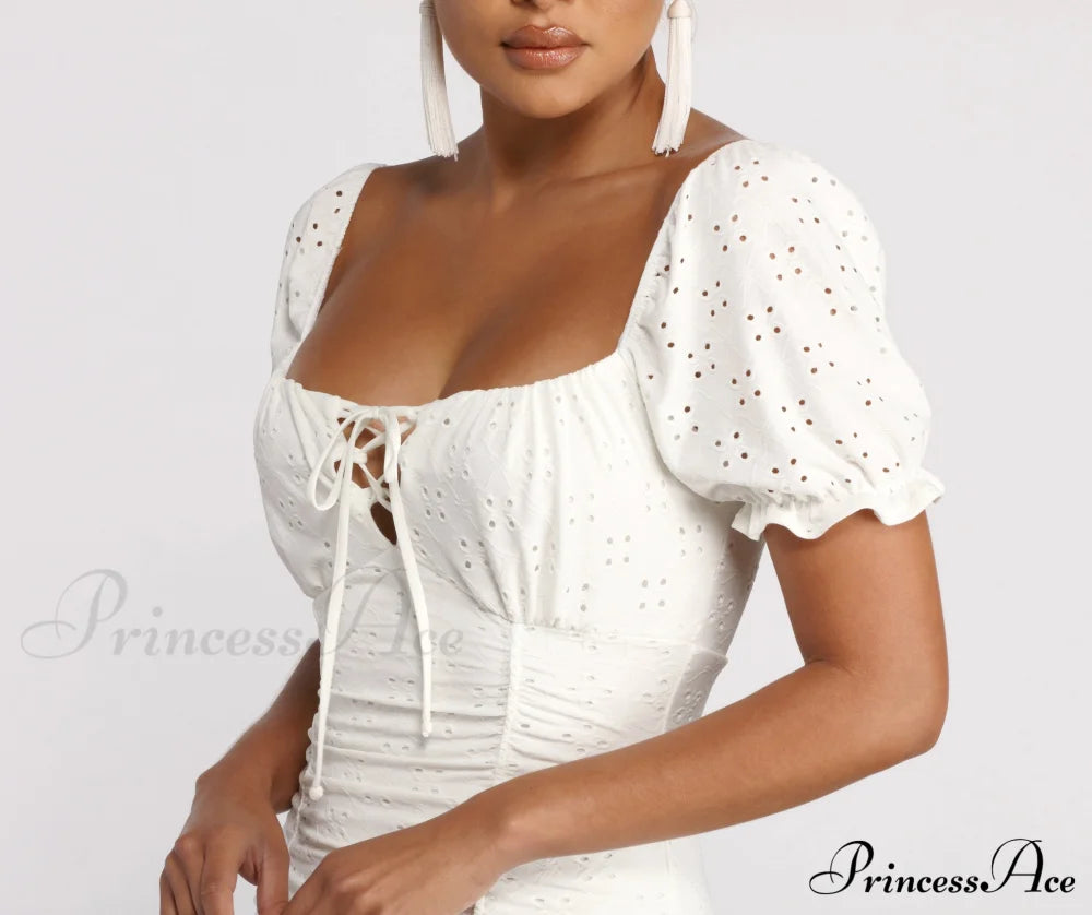 Ruffled Eyelet Puff Charming Sleeve Mini Dress Casual Dresses
