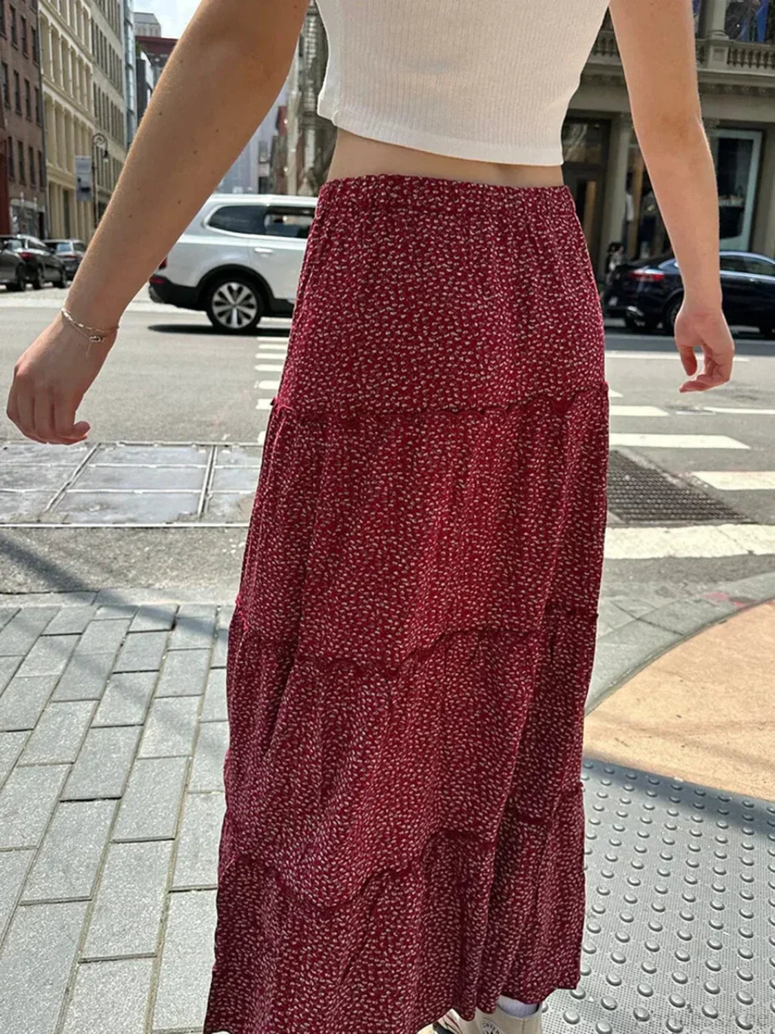 Ruffled Floral Red High Waist A-Line Skirt Red / One Size skirt-250126