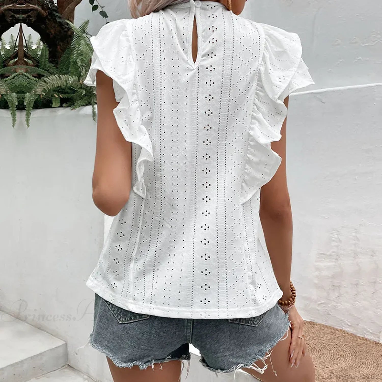 Ruffled Lace O-neck Butterfly Sleeve Casual Blouse blouse-250126