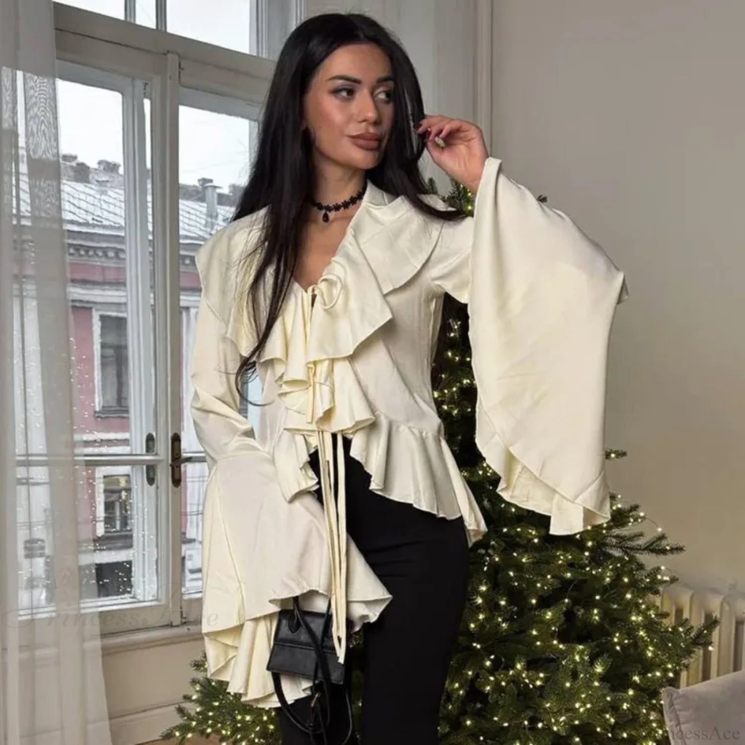 Ruffled Lace-Up V-neck Blouse blouse-250223