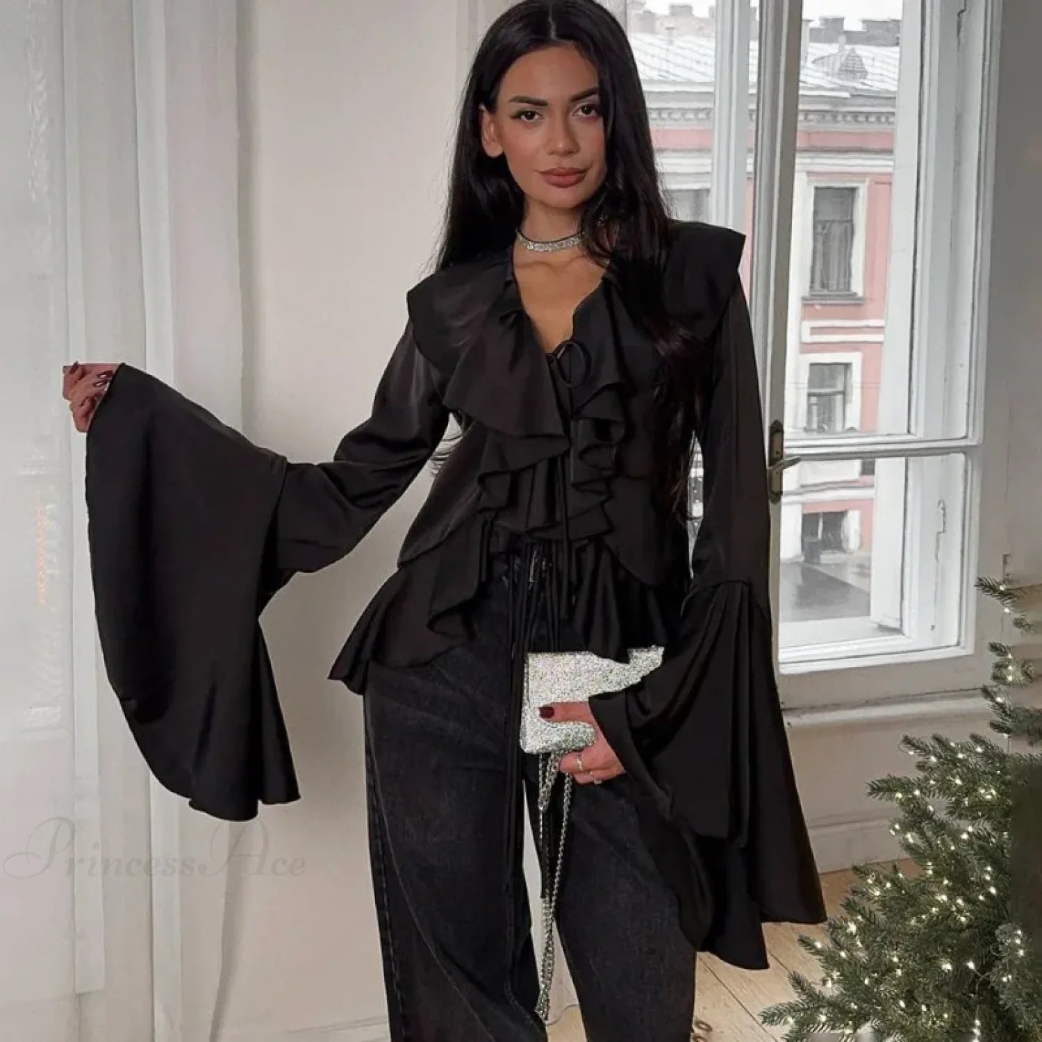 Ruffled Lace-Up V-neck Blouse Black / S blouse-250223