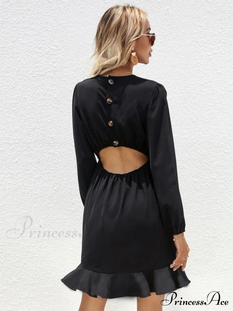 Ruffled Long-Sleeved Dress - Black