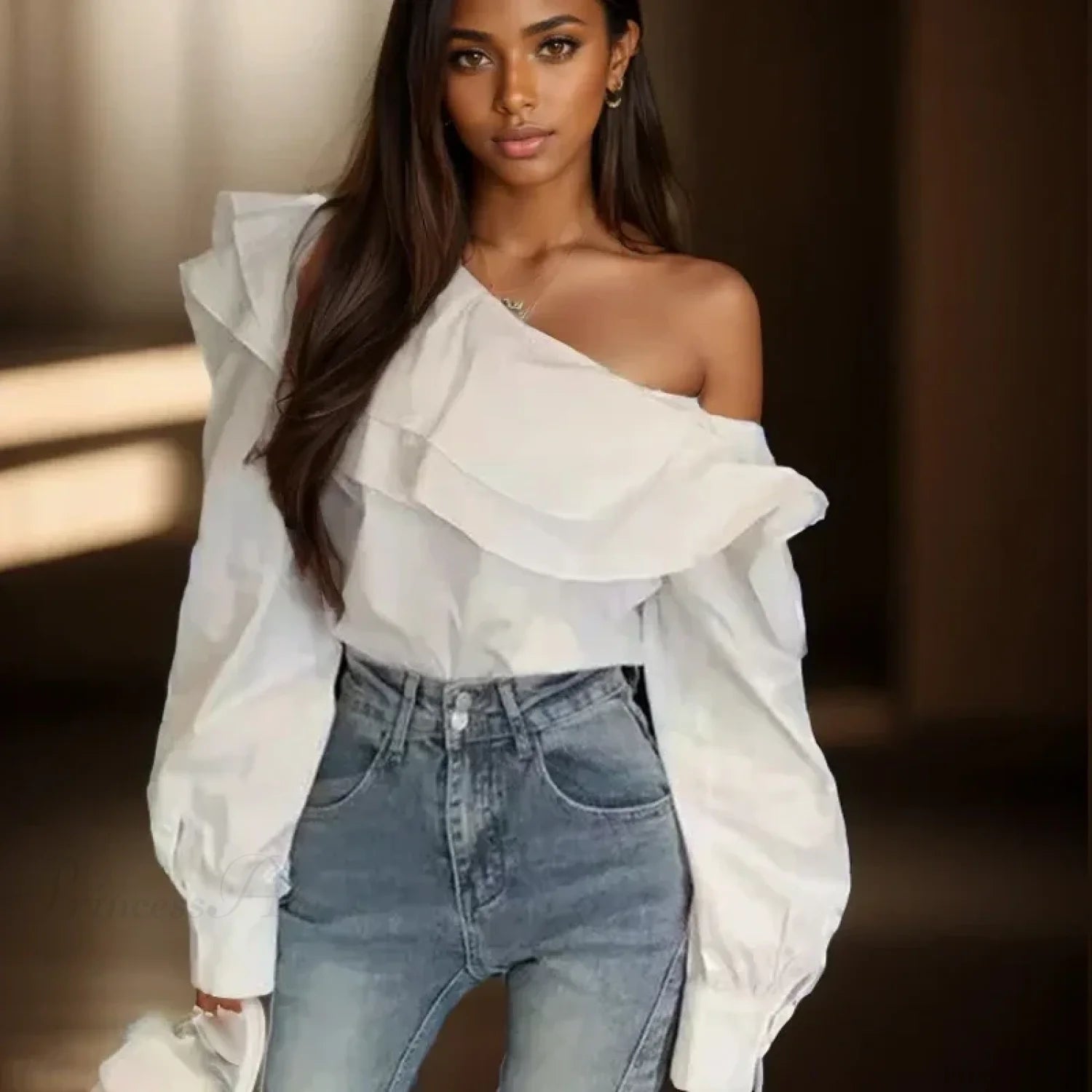 Ruffled Off Shoulder Slim Fit Casual Long Sleeve Blouse blouse-250126