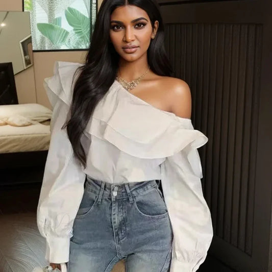 Ruffled Off Shoulder Slim Fit Casual Long Sleeve Blouse blouse-250126