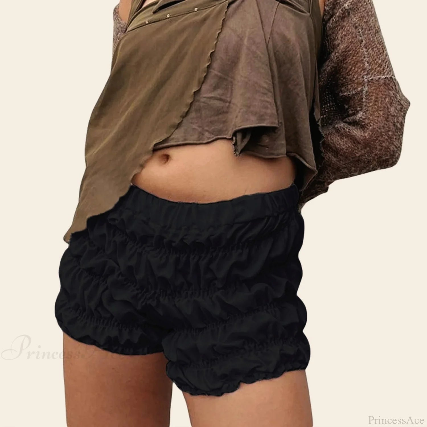 Ruffled Ruched Solid Bloomer Short Black / S short-250223