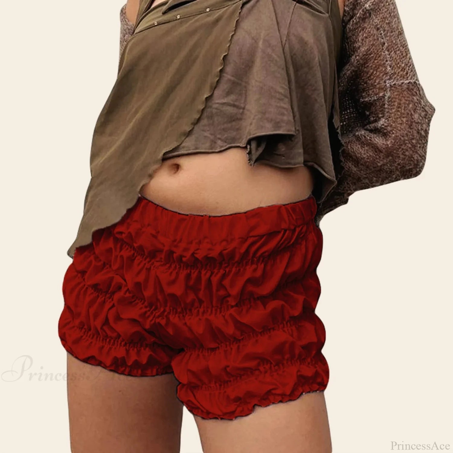 Ruffled Ruched Solid Bloomer Short Red / S short-250223