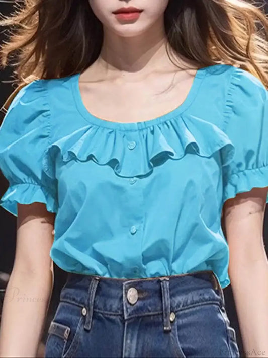 Ruffled Solid Puff Sleeve Casual Tunic Blouse Blue / S blouse-250126