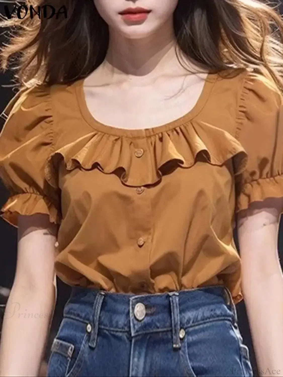 Ruffled Solid Puff Sleeve Casual Tunic Blouse Khaki / S blouse-250126