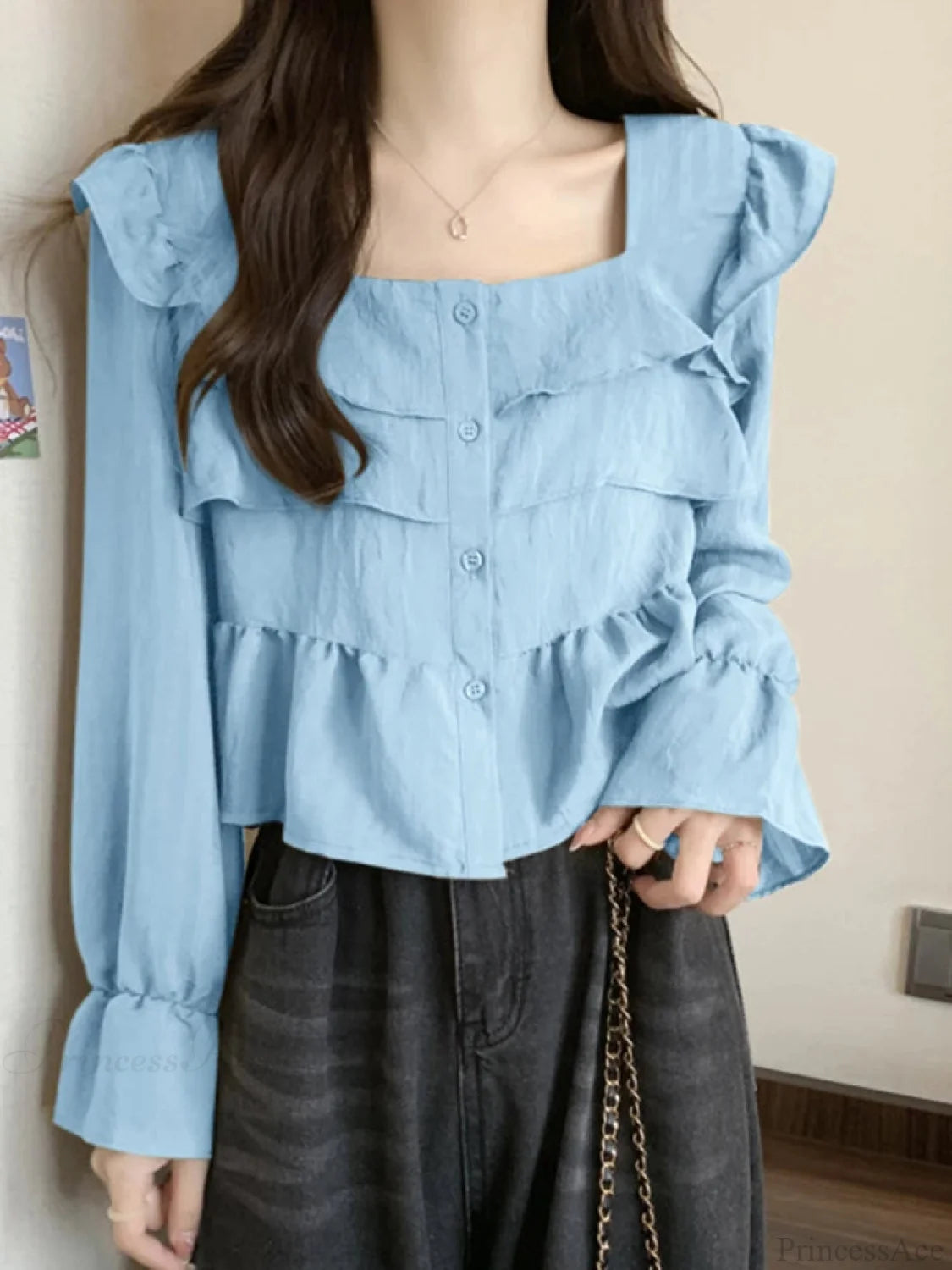 Ruffled Square Neck Flare Sleeve Blouse Blue / S blouse-250126